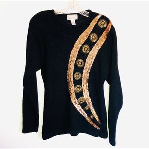 Gladys Bagley Sweater Silk Angora Lambswool Black Gold Sequins Holiday Christmas